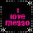 Four identical display pink text "I love meggo" on a black background with white dotted lines and asterisks, arranged in a