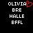 Black background with white pixelated text 'OLIVIA', 'BRE', 'HALLE', and 'BFFL' in two ; left has a red heart symbol replacing the letter 'A' in 'OLIVIA'