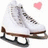 White ice skates with brown accents and black blades, a pink heart above them, and pixelated text reading 'iceskating equals love' on a light background.