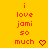 Red text on yellow background reads "i love jami so much" with a heart symbol, then a downward arrow, then a period.