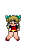 Pixel art character in red outfit with blue hair bows performing various poses including standing, kicking, walking, and holding black objects.