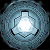 A circular pixelated icon with a bright white center surrounded by layered blue-gray rings and black accents forming a stylized shape.