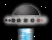 Animated UFO icon with gray dome, blue beam, and changing red-and-white symbols on a black starry background.