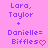 Pixelated text on pink background reads 'Lara, Taylor + Danielle= Biffles' with red heart symbol, two versions differ in heart color.