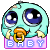 Pixelated cartoon character with large blue eyes, light cyan body, and yellow hands holding a golden ring over pink text reading "BABY" on a gray background.