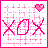 Pixelated pink and white static icon featuring a heart symbol, cross-like shapes, and abstract patterns with a bright pink border.
