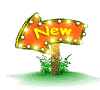 Animated orange sign with 'New' text and glowing lights on a wooden post, surrounded by green grass and white flowers.