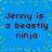 Blue background with yellow pixelated dots and repeated black text reading "Jenny is a beastly ninja" in four identical sections.