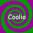 Four identical spiral patterns with alternating green and purple rings, each containing the text 'Coolio' in white pixelated font.