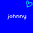 Blue background with cyan heart symbol above two white 'johnny' text instances in pixelated font.