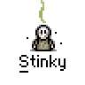 Pixel art animated contact sheet showing a character with green smoke above its head and the word "Stinky" below, cycling through different facial expressions across frames.