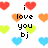 Pixelated heart-shaped icons in red, orange, green, and blue surround black text reading 'i love you bj' on a white background.