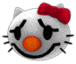 White cat face with red bow, orange nose, black eyes and mouth on gray background.