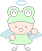 Pixel art contact sheet showing two frames of a green frog-headed character with angel wings and halo, wearing a green dress and light blue wings, against gray background.
