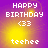 Pixelated birthday icon with 'HAPPY BIRTHDAY <33' text, yellow glow on purple background, and 'teehee' below.