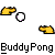 Animated sequence of yellow cartoon hands and white balls on gray background with repeated text "BuddyPong" below each frame.