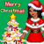Pixelated green background with a Santa-clad figure holding a Christmas tree, partial 'Merry Christmas' text above.