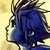 Pixelated profile view of a character with spiky dark hair and blue clothing against a light yellow background.