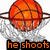 A basketball hoop with a net and a basketball in mid-air, accompanied by text overlays reading 'he shoots' and 'and he scores' in orange font.