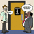 Two pixelated figures stand before a yellow door with a small window; one holds a plate, the other has a speech bubble.