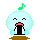 Pixelated light blue spherical character with brown base, displaying multiple expressions and musical note symbols above its head.
