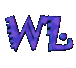 stylized 'WL' lettering in varying shades of blue and purple with jagged edges and a small circular dot, displayed on a gray background