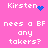 Pink background with white text reading "Kirsten" and "nees a BF any takers?" featuring blue pixelated heart and starburst symbols.