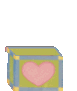 A static image of a green and blue box with a pink heart on its side, containing a teddy bear wearing a pink hat and bow.