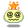 Pixelated yellow oval head with black spiral eyes and a wavy mouth, topped by an orange star with yellow accents; two variations show the star's sparkles or absence.