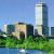 Pixelated static image of a cityscape with buildings, greenery, and water under a blue sky.