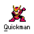 Pixelated character in pink and yellow armor with black accents, standing in a dynamic pose against gray background, text 'Quickman' below.