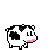 Pixel art cow icon with pink mouth and black-and-white patches, showing two animation frames where the first frame has no text bubble while the second frame displays a "Moo" speech bubble and floating bubbles.
