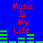 Blue background with red text 'Music Is My Life' and green audio equalizer bars in four quadrants, animated to change bar heights.