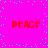 Bright pink background with four red 'PEACE' texts arranged in a , surrounded by scattered cyan dots