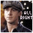 A character wearing a dark cap and shirt with text changing from 'ALL RIGHT' to 'WE'LL GO'