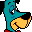 Pixelated cartoon character with teal body, black hair, yellow lower half, and red feet against gray background.