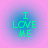 Four circular icons with pink backgrounds and blue radial gradients display green text reading 'I LOVE ME' in a pixelated font.
