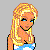 Pixelated cartoon doll with blonde hair and blue eyes, wearing a white top and blue cloud-patterned pants, positioned above text