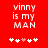 Red background with white pixelated text "vinny is my MAN" and five heart symbols below, where the third heart changes from pink to white between frames.