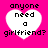 Four identical heart-shaped icons with text 'anyone need a girlfriend?' on bright pink background
