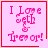 Four identical pink square with red borders display pixelated text reading "I Love Seth & Trevor!" with a small red heart in the bottom-right corner of the top-right
