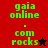 Green pixelated text 'gaia online . com rocks' on red and black backgrounds with a star symbol changing from black to red.