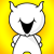 Two identical cartoon characters with white rounded bodies, black eyes closed in a smile, and small horns stand against a yellow gradient background.