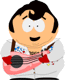 Pixelated cartoon character with black hair, white jacket, and red guitar against gray background.