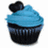 Pixelated cupcake with blue frosting and dark base, accompanied by cyan text on black backgrounds.