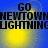 Blue background with yellow light bursts and black text reading "GO NEWTOWN LIGHTNING" in four repeated sections.