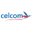 Animated celcom logo repeats horizontally with orange and white cartoon fish swimming left to right across gray background.