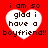 Red background with four white heart shapes containing text, each reading "i am so glad i have a boyfriend!!" in pixelated brown font.