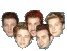 Group of pixelated human faces in varying arrangements with teal and gray backgrounds, some heads have red accents.