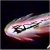 A pixelated image of a stylized, abstract shape with flowing, curved lines in pink, white, and dark tones against a dark background.
